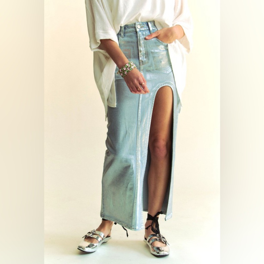 375B. Metallic Blue Denim Maxi Skirt